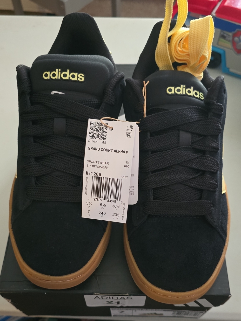 adidas Black Sneakers with Gum Outsole and Yellow Accents